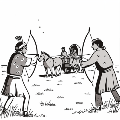 two native American's warriors shooting arrows at a wagon driven by Europeans
