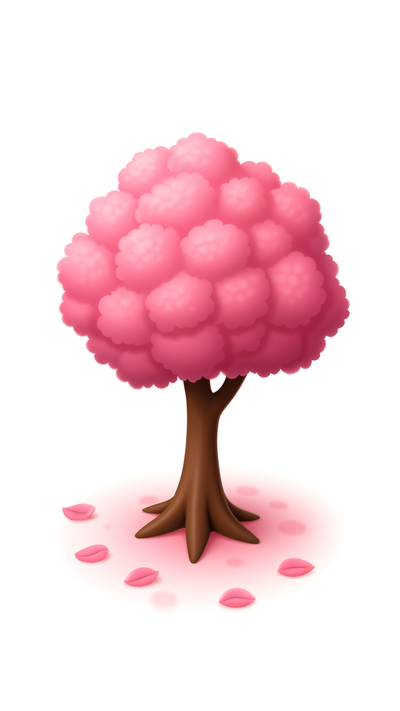 A big cherry blossom tree with pink leaves fallen on the ground. White background. Just the tree and the leaves.