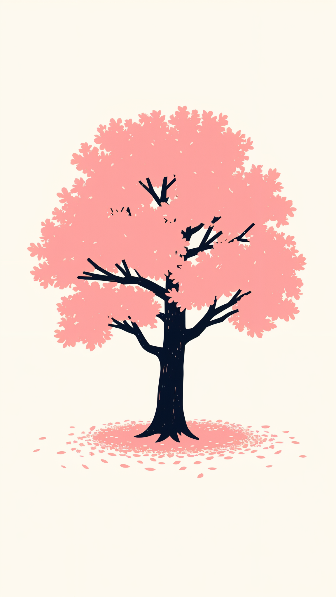 A big cherry blossom tree with leaves fallen on the ground. White background. Just the tree and the leaves.