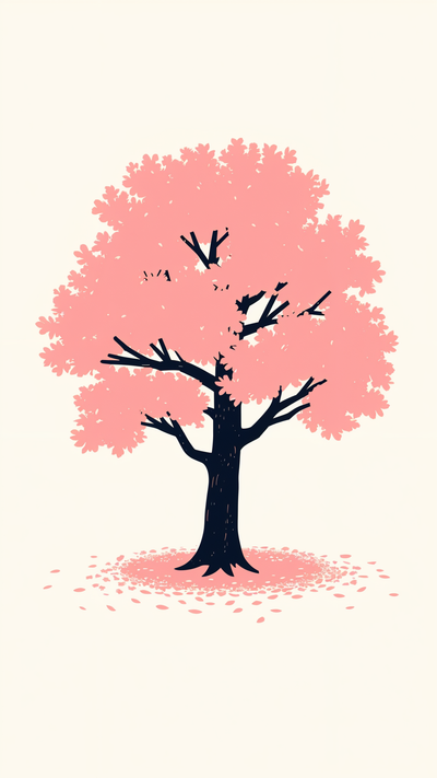 A big cherry blossom tree with leaves fallen on the ground. White background. Just the tree and the leaves.