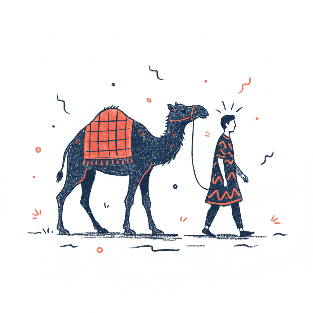 A man walking with a camel in the dessert