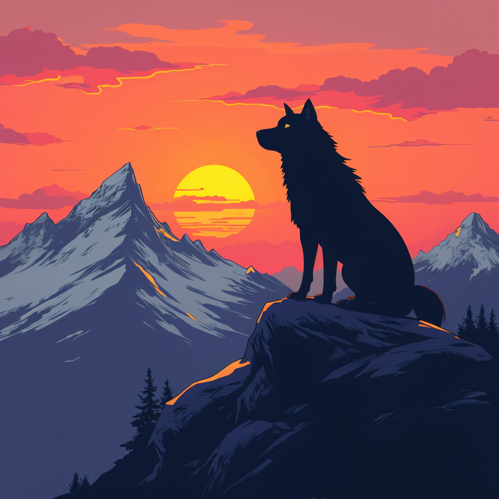 wolf in the mountains, dramatic sunset scenerey