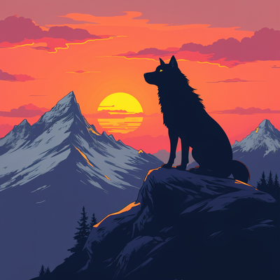wolf in the mountains, dramatic sunset scenerey
