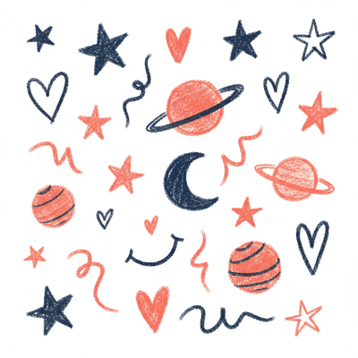 Collection colorful charcoal doodle elements like stars, planets, hearts, crescent moon and smile.