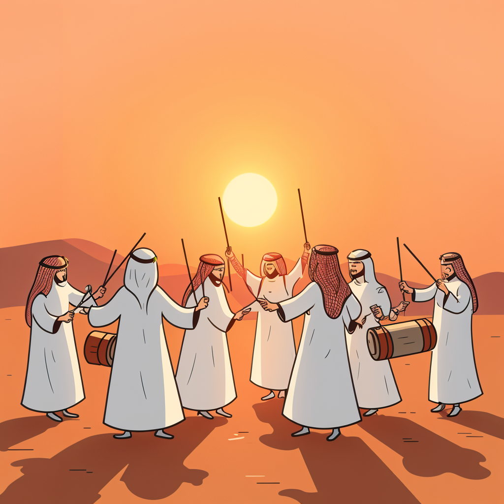 Group of saudi men preforming a traditional Swords dance “alardah”