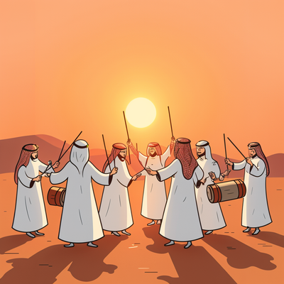 Group of saudi men preforming a traditional Swords dance “alardah”