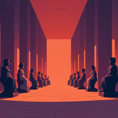A grand hall filled with statues of fallen rulers, kings, and ministers. Some statues are broken, some have cracks, symbolizing the downfall of those who outshone their masters. Shadows cast a dramatic effect.