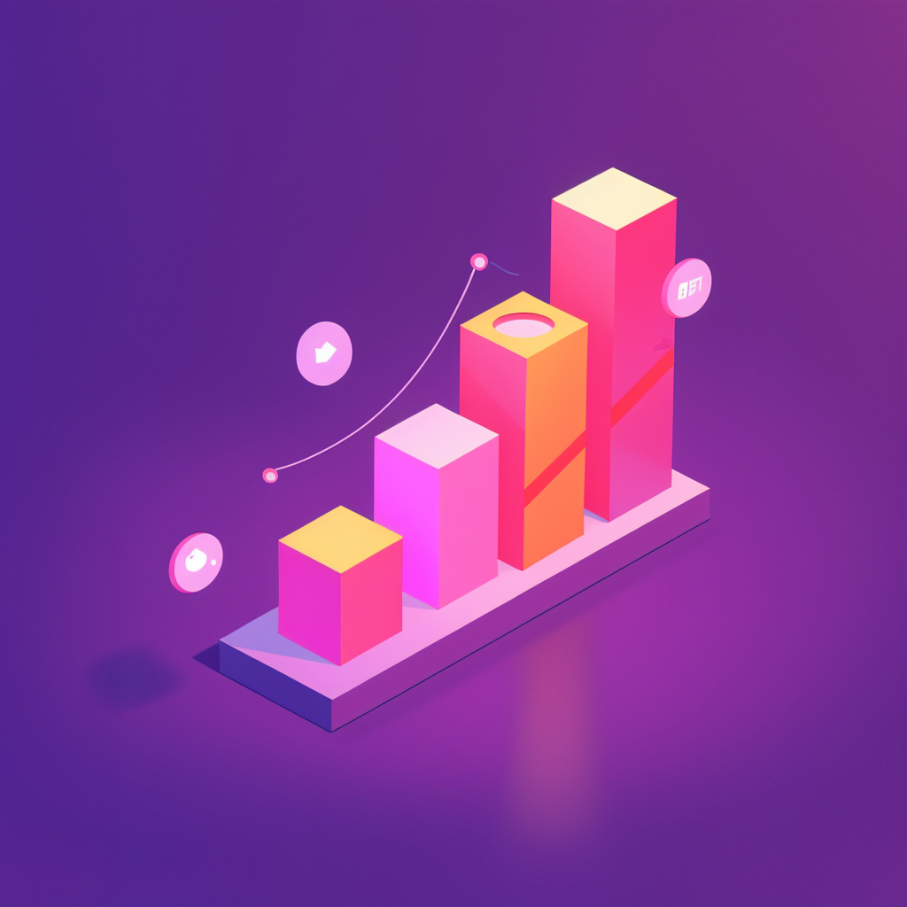Create a modern, futuristic, minimalist vector illustration in isometric design. Depict a glowing bar chart ascending upwards with neon-colored bars against a purple gradient background. Surround the chart with floating social media icons such as Twitter and Discord, each emitting a soft glow. Ensure clean lines and a sleek, digital aesthetic.