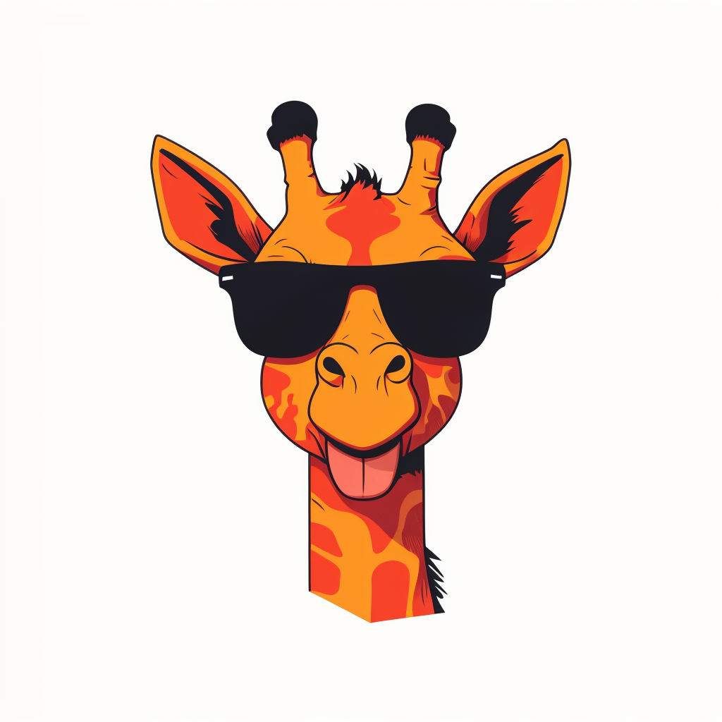 Minimalist cartoon-style giraffe face, tongue sticking out, wearing stylish sunglasses. Simple line art, bold outlines, flat colors, clean and modern design. Iconic and playful, perfect as a symbol or logo. White background.