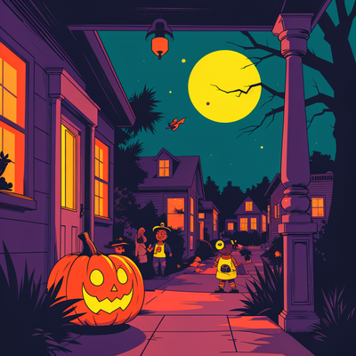Spooky fun takes over as kids dress in costumes and go trick-or-treating. Carved pumpkins, haunted houses, and eerie decorations set the mood. Design a scene of a glowing jack-o'-lantern on a porch, with children in costumes under a full moon.