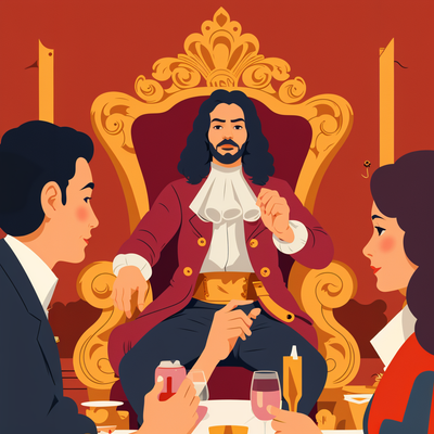 Louis XIV watching the grand feast from a distance. His face is calm, but his eyes reflect suspicion and quiet rage. His fingers tap the armrest of his throne as he silently judges Fouquet’s extravagance.
