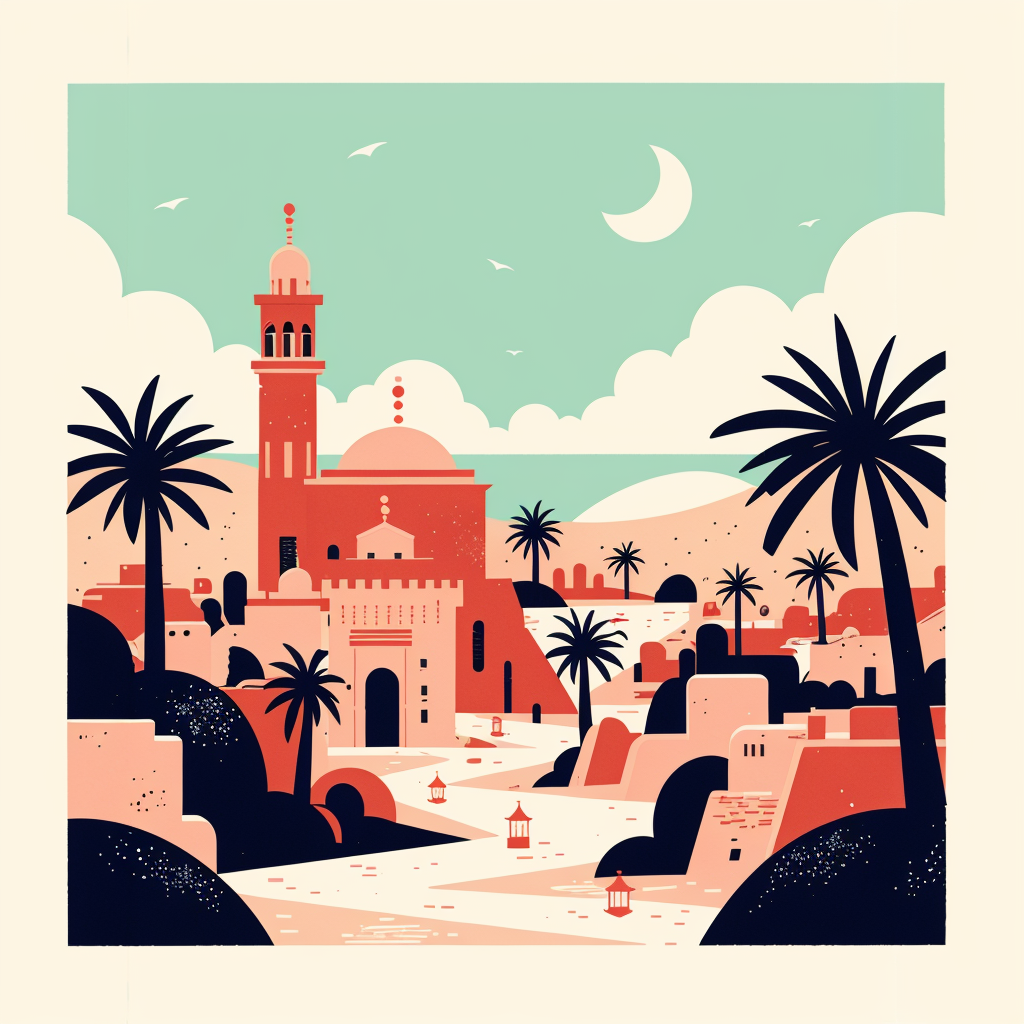 Among the Ramadan-themed houses, there is a mosque, date palm trees,