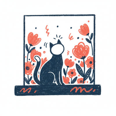 A playful cat sitting on a windowsill, drawn in vibrant crayon strokes, sunlight creating warm highlights, soft shadows on the wooden frame, and outside the window a blooming garden full of colorful flowers.