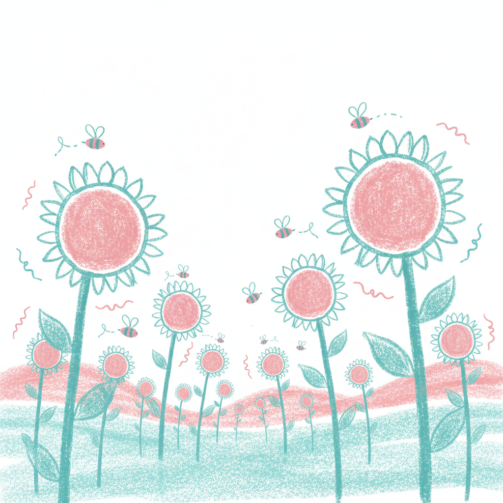A lush sunflower field in crayon style, tall sunflowers with thick yellow strokes, bees buzzing around, rolling hills in the background, and a bright sky with layered crayon gradients.