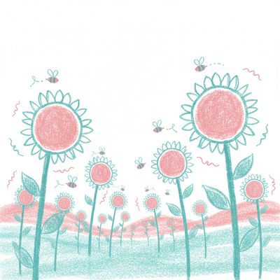 A lush sunflower field in crayon style, tall sunflowers with thick yellow strokes, bees buzzing around, rolling hills in the background, and a bright sky with layered crayon gradients.