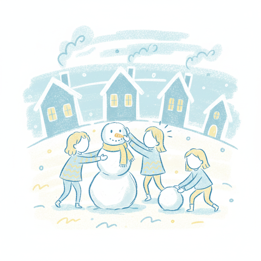 A peaceful snowy village scene in crayon style, soft white strokes for snow, warm yellow windows, smoke rising from chimneys, kids making a snowman, gentle sky in pale blue crayon smudges.