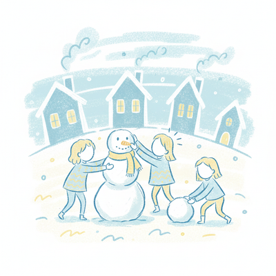 A peaceful snowy village scene in crayon style, soft white strokes for snow, warm yellow windows, smoke rising from chimneys, kids making a snowman, gentle sky in pale blue crayon smudges.