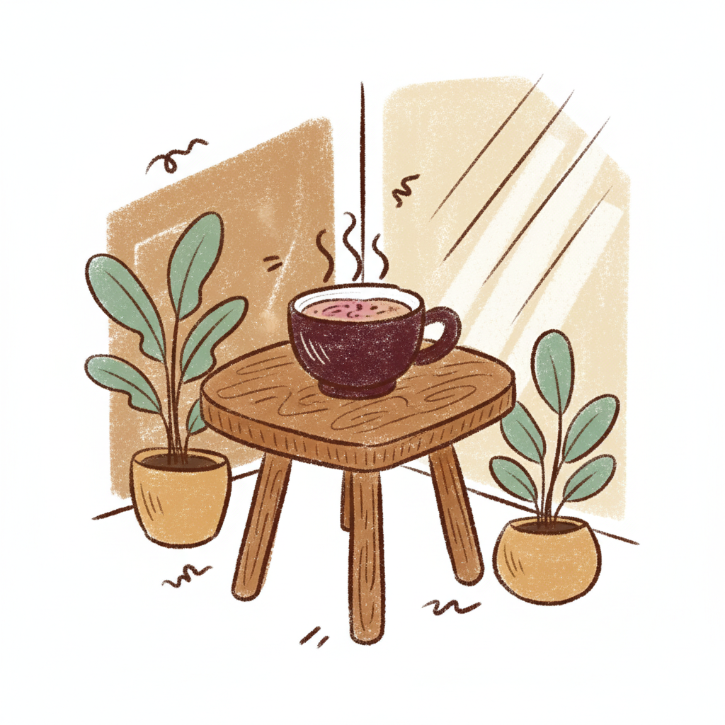 A cozy café corner drawn with crayon textures, small wooden table, steaming cup of coffee, potted plants with layered green strokes, warm-toned walls, afternoon light filtering through.