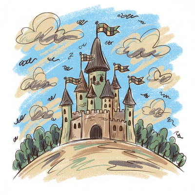 A fairytale castle on a hill illustrated in crayon style, colorful turrets, flags waving, surrounding forest with thick crayon shading, and a bright blue sky with soft clouds.