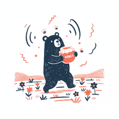 A cute bear holding a jar of honey in a grassy meadow, illustrated in crayon style, bees buzzing, flowers in various colors, soft textured sky, charming and gentle mood.