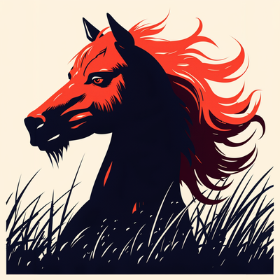 Horse's head, sideways view, fiery mane