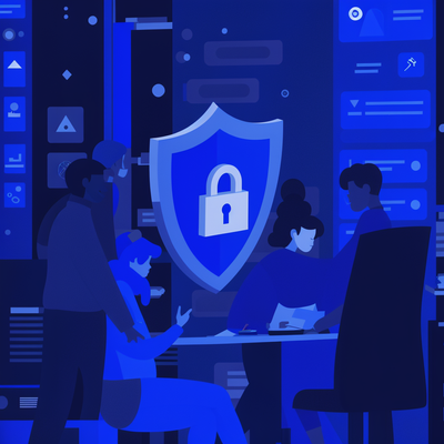 a sleek, modern vector illustration with a sophisticated, high-tech feel, using a palette of blue and dark blue. Show a secure, cloud-based digital environment with subtle references to servers, data lines, and system infrastructure. Incorporate a protective shield or lock element to convey financial security and reliability. Emphasize stability, precision, and seamless connectivity, symbolizing parametric insurance coverage against IT downtime and cloud outages. The overall composition should appear trustworthy, forward-looking, and aligned with the theme: ‘Making Technology Financially Secure.’