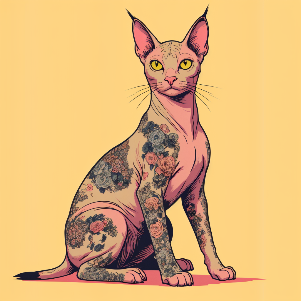 realistic detailed sphinx cat with tattoos