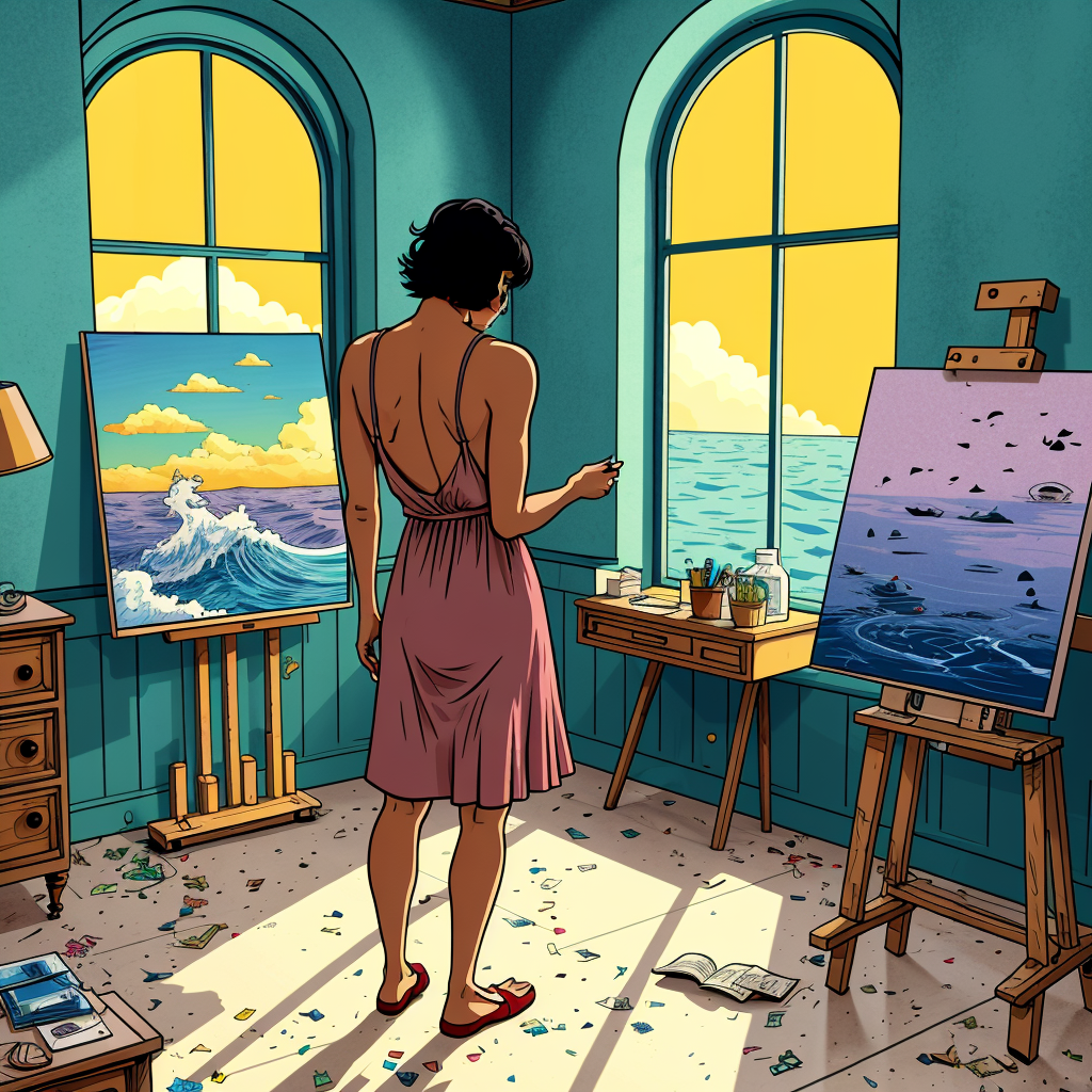 “A bohemian artist’s studio in Paris, golden sunlight streaming through arched windows, paint-splattered floors, stormy seascape canvases, crumpled love letter on the floor, soft watercolor style, warm ochres and navy blues, Loish inspiration.”
Key Details: Lila’s paint-smudged hands trembling.