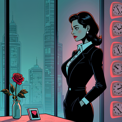 “A woman in a sharp black suit standing in a sterile skyscraper office, walls covered in ticking clocks, a dying rose in a vase, cold neon lighting, cinematic composition, Greg Rutkowski style, metallic grays and blood-red accents.”
Key Details: Family photo facedown on the desk.