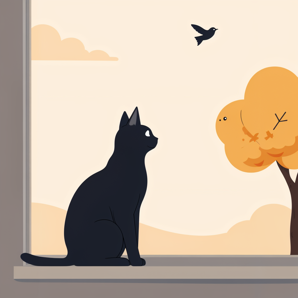 a black cat sitting on a windowsil watching the wind, tree and birds outside