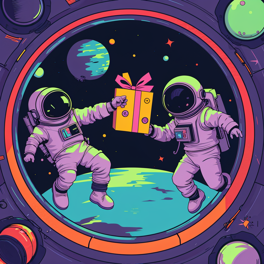 A scene depciting "gift-giving" in space