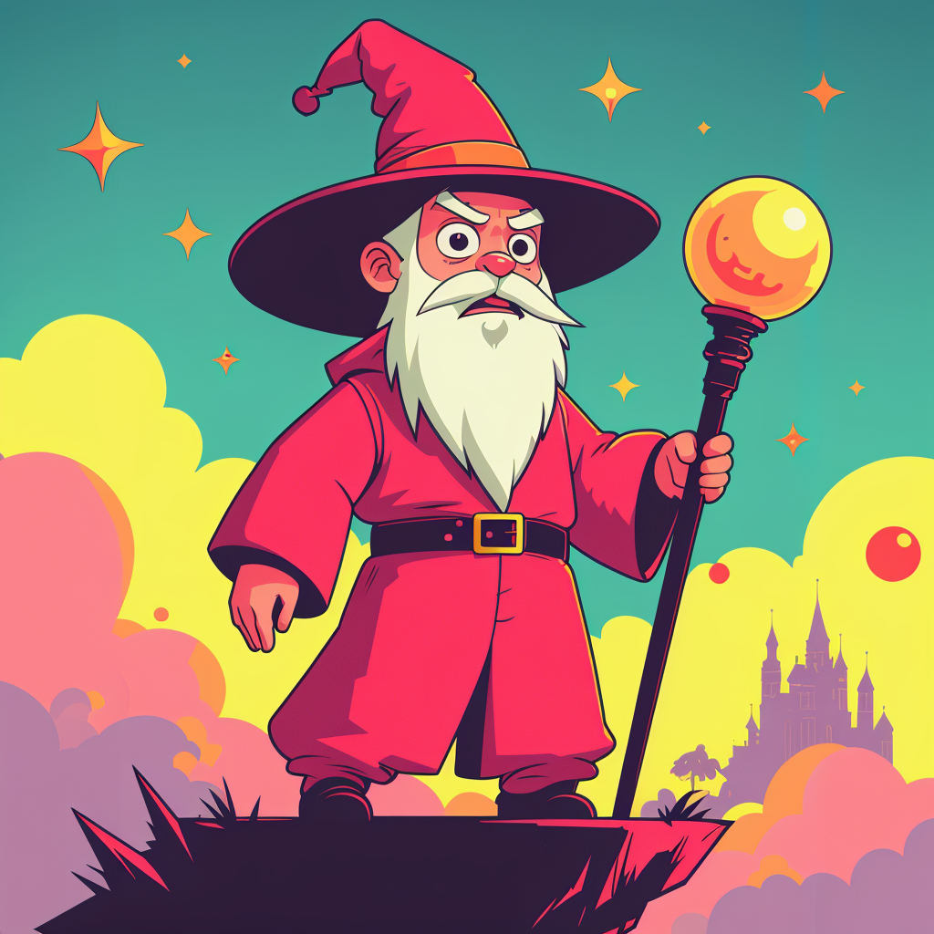 a game character for a platformer game. A wizard with a red wizard hat