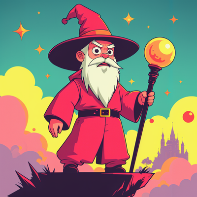 a game character for a platformer game. A wizard with a red wizard hat
