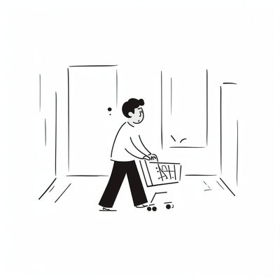 A minimalist boy pushing a shopping cart