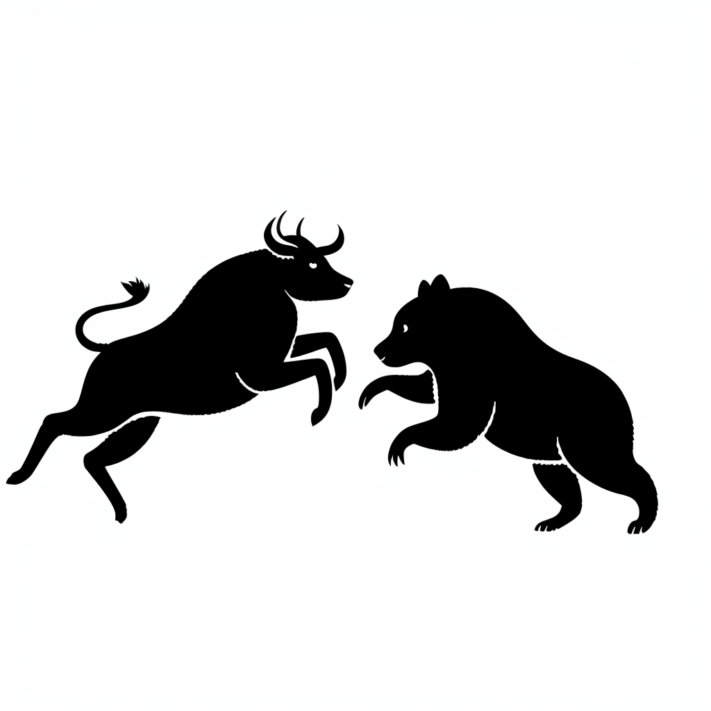 a bull and a bear jumping against each other but there is still a little distance between them before they touch each other