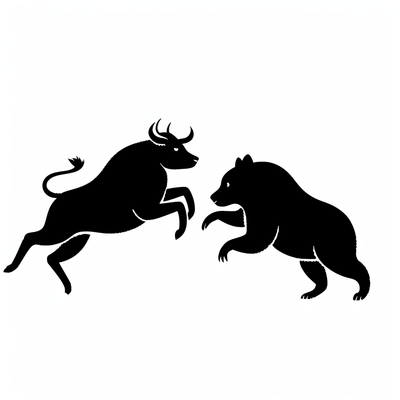 a bull and a bear jumping against each other but there is still a little distance between them before they touch each other