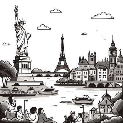 a vibrant and exciting travel advertisement showcasing a comprehensive vacation package that includes visits to iconic destinations in the United States, the United Kingdom, and Europe. The image should feature stunning landmarks such as the Statue of Liberty in New York, Big Ben in London, and the Eiffel Tower in Paris. Incorporate scenic landscapes from famous European cities like Rome, Barcelona, and Amsterdam, with a focus on culture, history, and adventure. The overall tone should convey luxury, exploration, and unforgettable experiences, with travelers enjoying guided tours, comfortable transportation, and premium accommodations. The background should be filled with lush greenery, iconic architecture, and joyful travelers engaged in sightseeing. Include dynamic elements like a family enjoying the view, couples on a sunset cruise, and solo adventurers on a walking tour of ancient ruins.