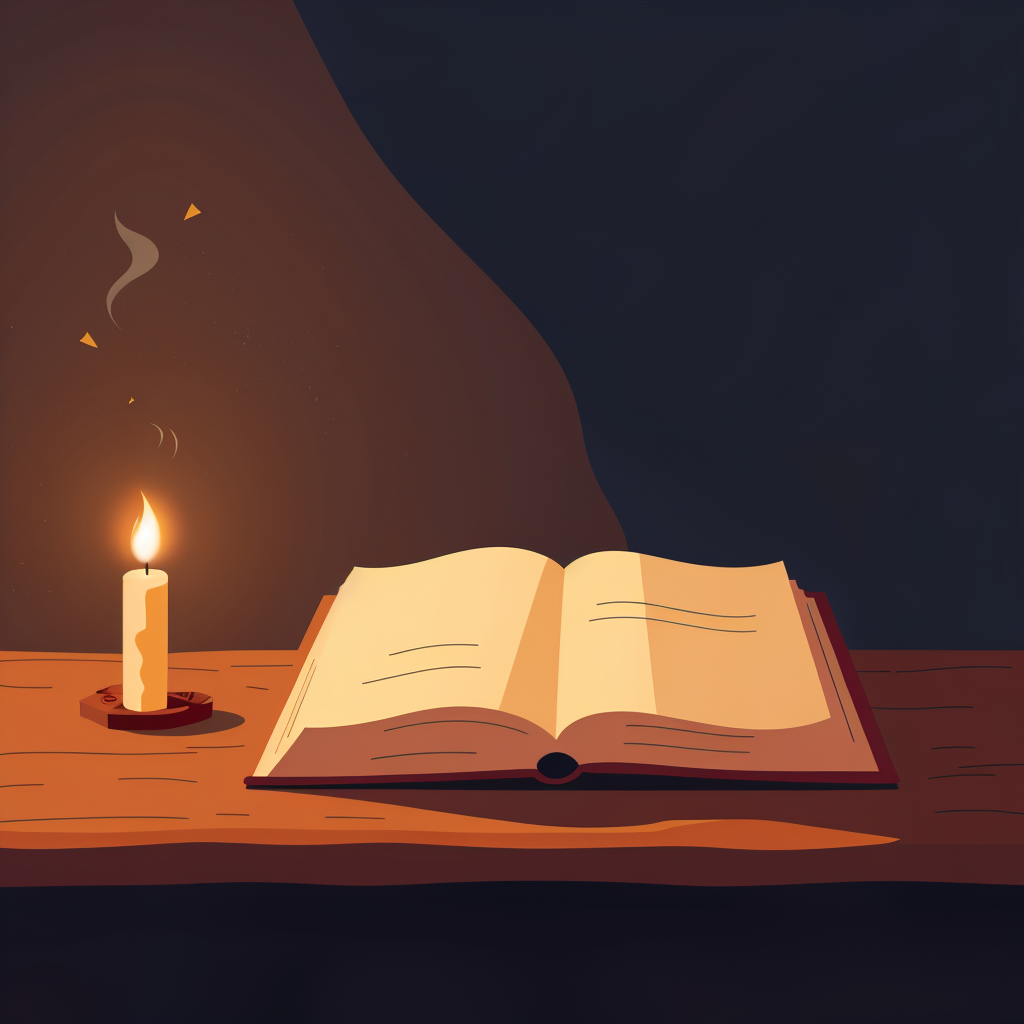 A large, ancient book left open on a table. A single candle flickers, casting long shadows on the book.