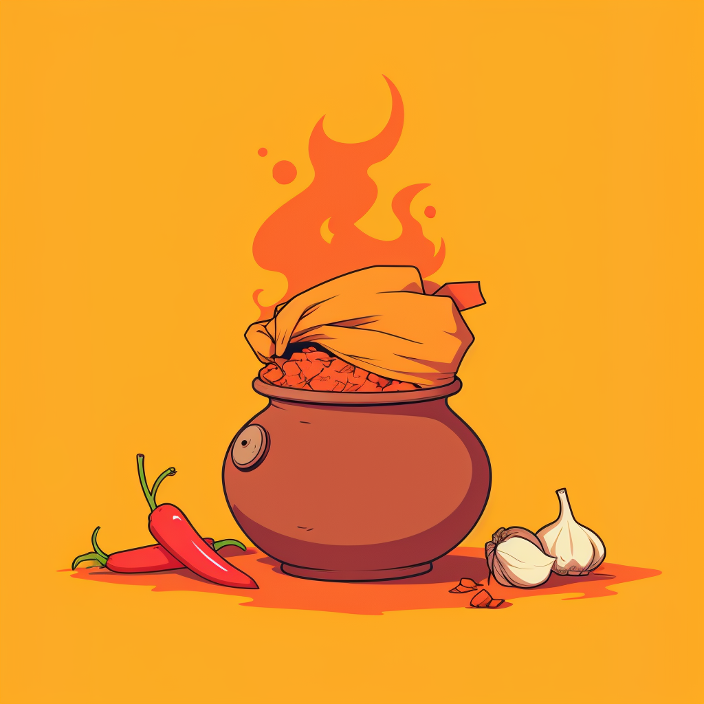 a gujarati turban, earthen pot with hot food inside that and spices like chilli and garlic on side