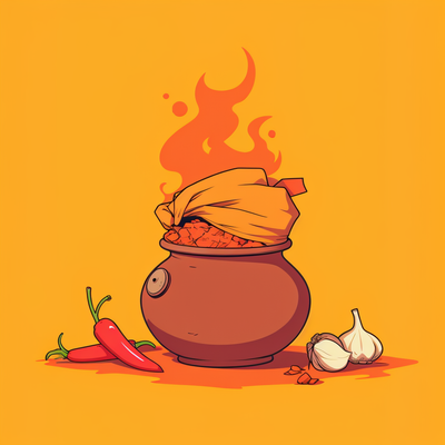 a gujarati turban, earthen pot with hot food inside that and spices like chilli and garlic on side