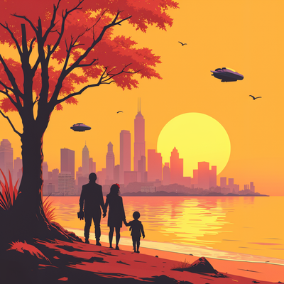 A futuristic cityscape with towering skyscrapers and flying taxis in the sky, blending advanced technology with natural beauty. In the foreground, a loving family stands on a serene beach, enjoying a breathtaking sunset. The golden hues of the setting sun reflect beautifully on the calm water, creating a mesmerizing and dreamy atmosphere. A majestic tree with vibrant autumn leaves stands nearby, with some leaves gently falling, adding a poetic touch to the scene. The entire composition evokes a sense of harmony between nature, family, and the future."