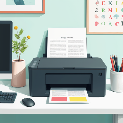 An office desk with focus on a printer. A printed sheet of paper coming out of the printer. Make it look aesthically pleasing and a nice desk to work on.
