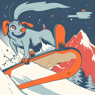 a dog snowboarding