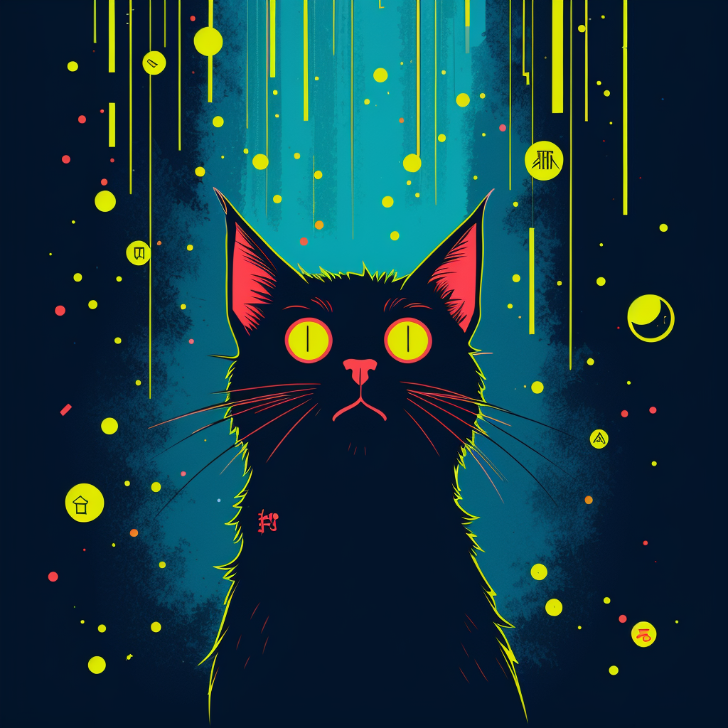 a cat enveloped in a Digital Rain Code Matrix, with streams of falling code and cryptic symbols. Use glowing blue and yellow to create a sense of immersion within the data flow