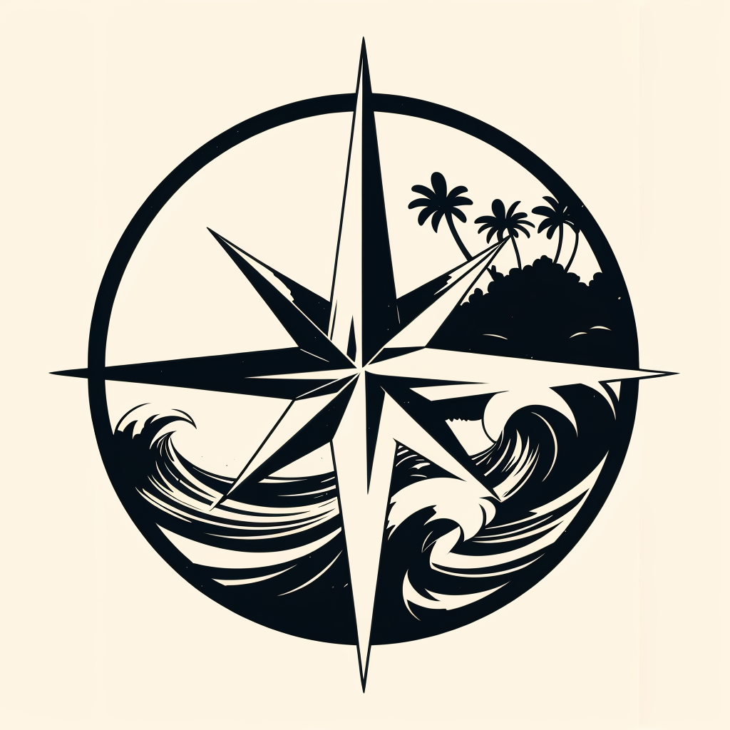 I want a logo that incorporates a compass rose, the ocean, and a pacific island