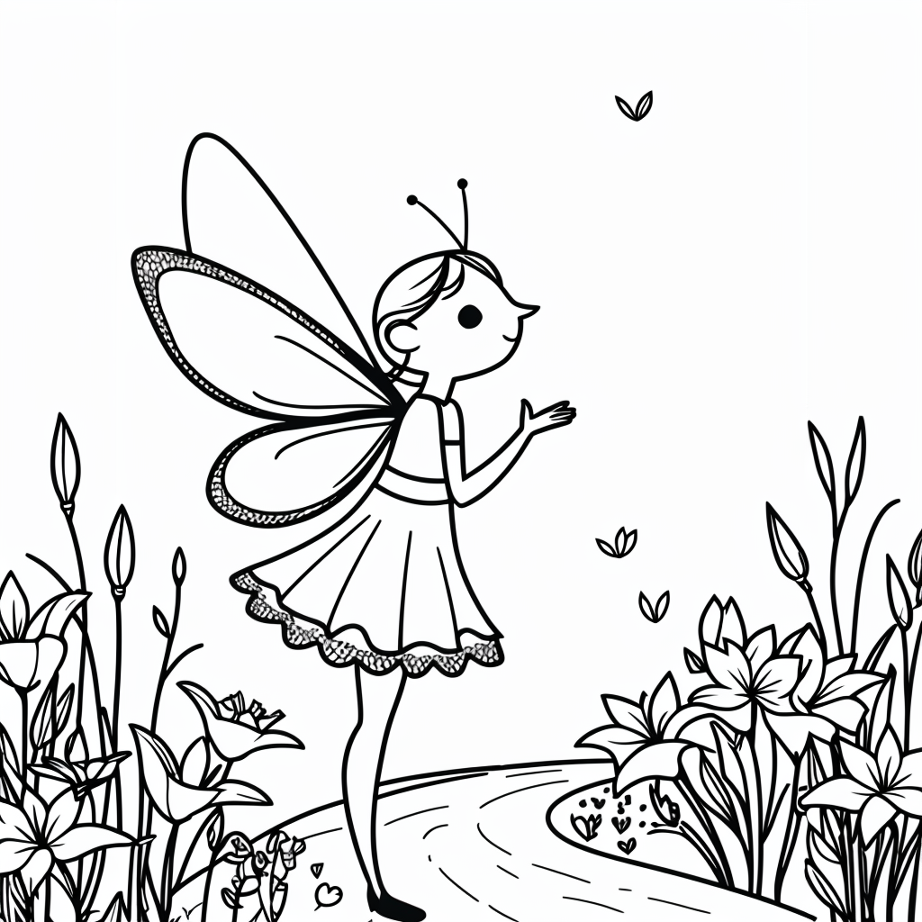 Draw an image of a blonde fairy dressed as a butterfly that kisses a martin fisherman cartoon style, vibrant colors, in a garden with many flowers and calle