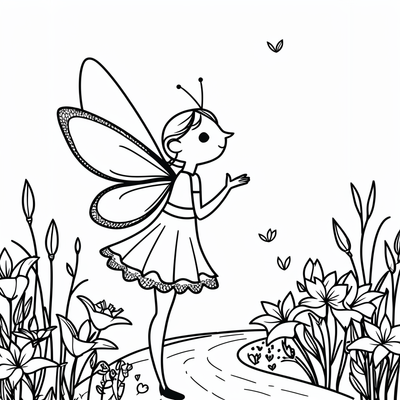 Draw an image of a blonde fairy dressed as a butterfly that kisses a martin fisherman cartoon style, vibrant colors, in a garden with many flowers and calle