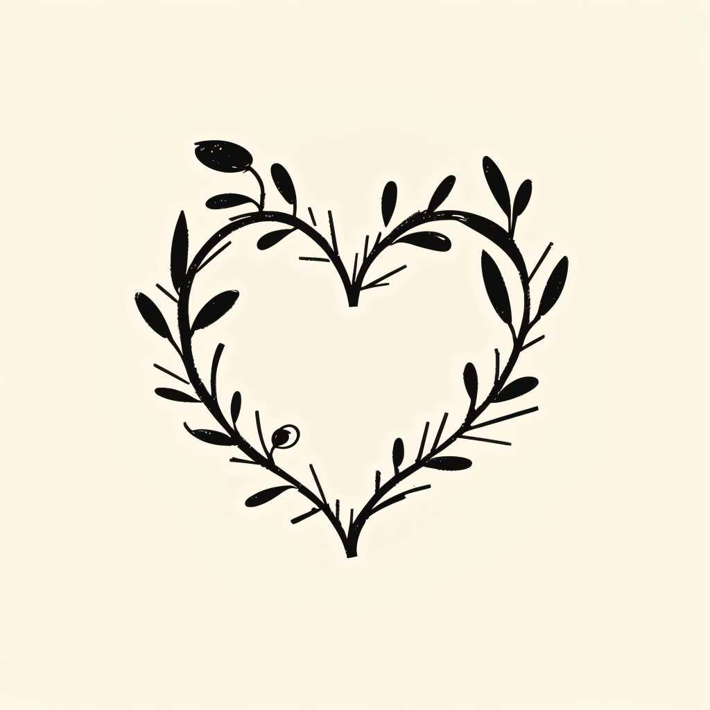 a wispy flowering vine curling into a shape of a heart. At the top of the heat section is a flower