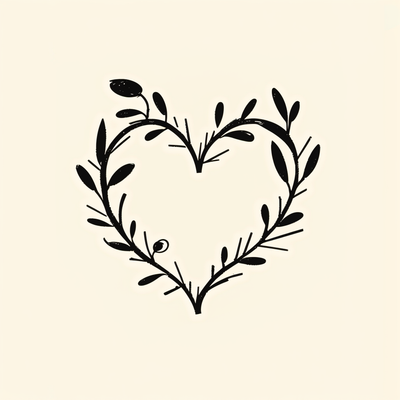 a wispy flowering vine curling into a shape of a heart. At the top of the heat section is a flower