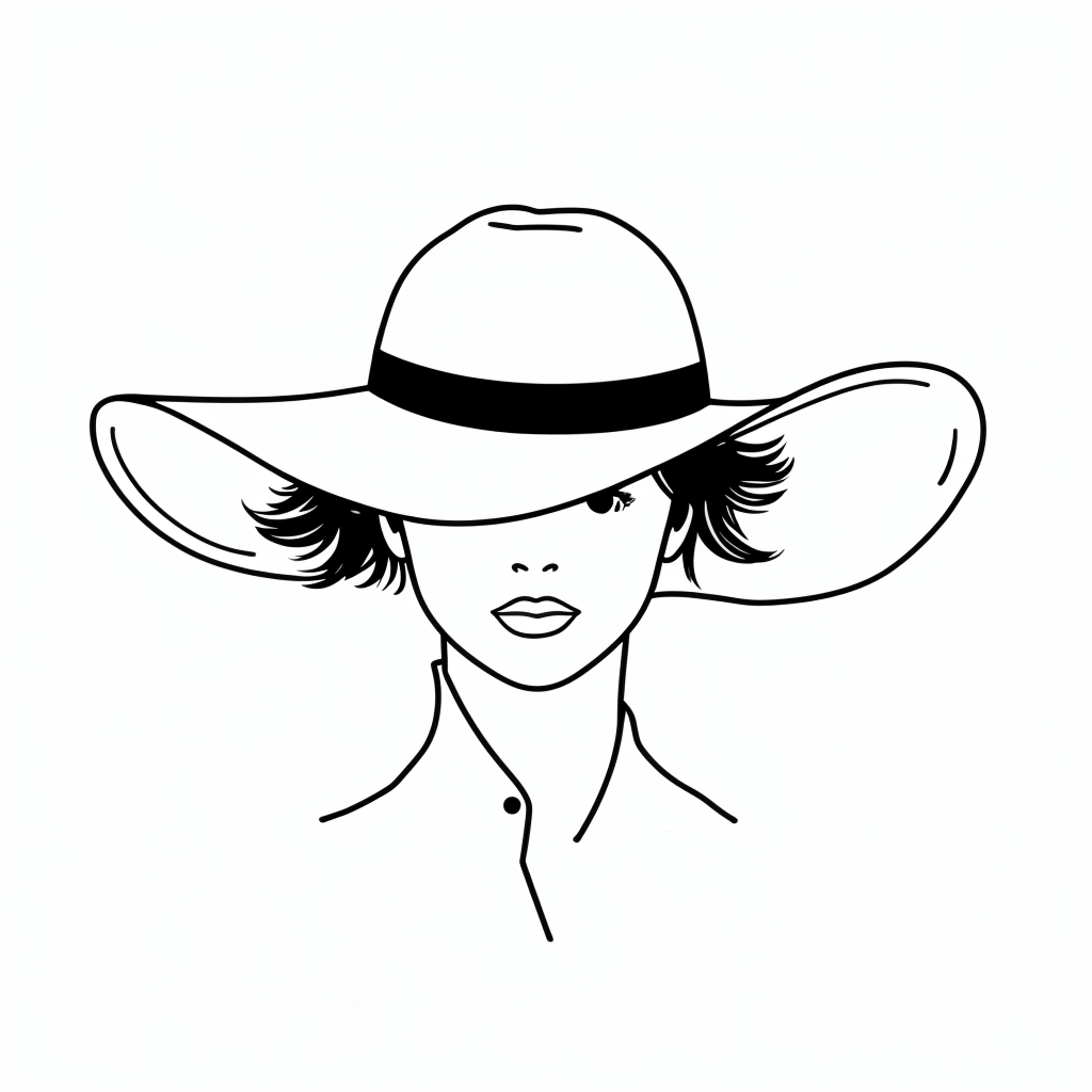 Vector sketch of a stylish woman’s hat, elegant wide brim with a subtle ribbon detail, drawn in a minimalist designer sketch style, black ink outlines, light annotations for texture, clean white background, high detail, artistic yet simple
